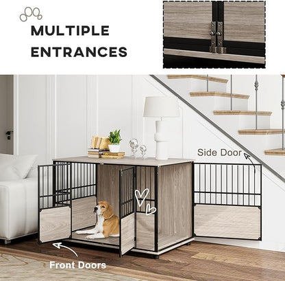 PawHut 46" Dog Crate Furniture End Table, Wooden Dog Kennel Indoor Pet House with 3 Doors, for Small to Large Dogs