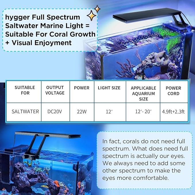 hygger Clip On 24/7 Saltwater Aquarium LED Light, 22W Sunrise-Daylight-Moonlight Mode and DIY Mode, Adjustable Timer Adjustable Brightness Fish Tank Light with 7 Colors for Coral Marine Tank