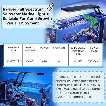 hygger Clip On 24/7 Saltwater Aquarium LED Light, 22W Sunrise-Daylight-Moonlight Mode and DIY Mode, Adjustable Timer Adjustable Brightness Fish Tank Light with 7 Colors for Coral Marine Tank