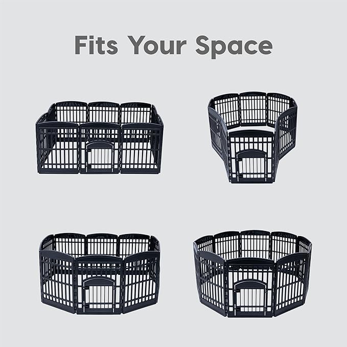34" 8-Panel Pet Playpen with Door, Medium Large Dog Secure Easy Assemble Easy Storing Customizable + 34''H 2 Add on Panels, Heavy-Duty Molded Plastic Rust-Free Non-Skid Rubber Feet, Black