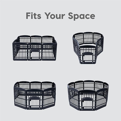 34" 8-Panel Pet Playpen with Door, Medium Large Dog Secure Easy Assemble Easy Storing Customizable + 34''H 2 Add on Panels, Heavy-Duty Molded Plastic Rust-Free Non-Skid Rubber Feet, Black