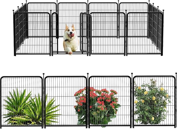 Dog Playpen 48 inch(H) 8 Panels Total 17.7 Ft(L) Dog Fence Outdoor for Yard. Wide Door Low Thresholdï¼_etal Dog Pen Heavy Duty Pet Puppy Exercise Pen for Rv Camping Garden Yard