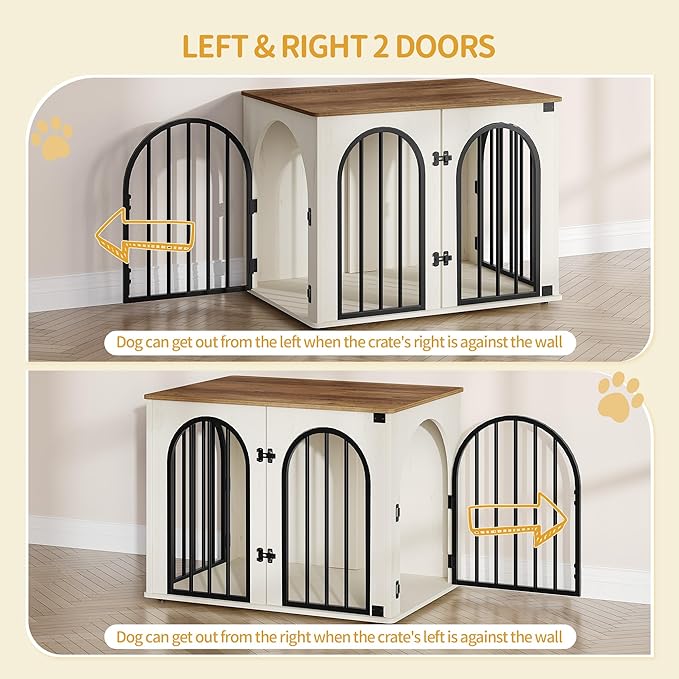 31.5'' Wooden Dog Crate Furniture TV Stand, Indoor Dog Kennel for Small/Medium Dogs, End Side Table Dog Crates, Anti-Chew, Anti-Escape, Arched Door Design, White Brown DFC85114B