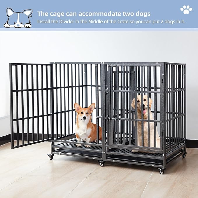 54 inch Heavy Duty Indestructible and Escape-Proof Dog Crate Cage Kennel for Large Dogs, High Anxiety Dog Crate with Removable Wire Trays and Wheels, Extra Large XL XXL