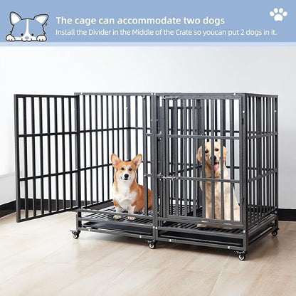 54 inch Heavy Duty Indestructible and Escape-Proof Dog Crate Cage Kennel for Large Dogs, High Anxiety Dog Crate with Removable Wire Trays and Wheels, Extra Large XL XXL