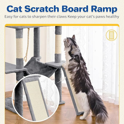 Cat Tree Tower 63in Multi-Level Cat Tower for Indoor Cats with Sisal Scratching Posts, Condo, Hammock, Dangling Ball and Extended Platform for Cats to Play, Light Grey