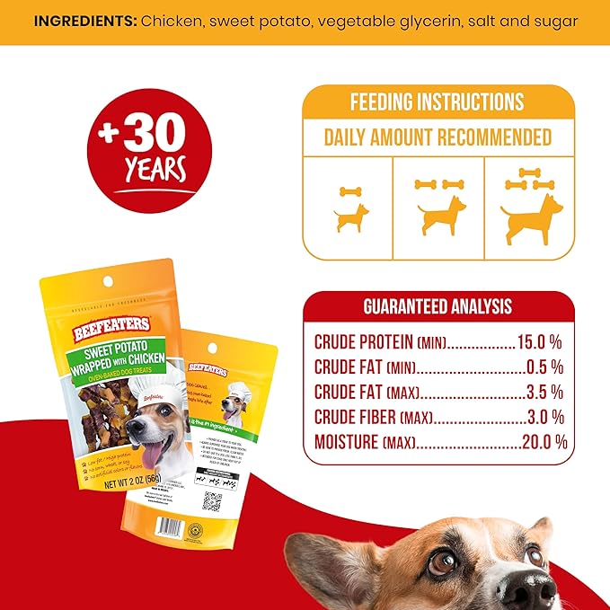 Beefeaters Dog Treats - Sweet Potato Wrapped with Chicken 2oz, Case of 12 | Dog Food No Corn/Wheat/Soy/Gluten | Low Fat, Grain-Free, Training & Rewards | Dog Training Treats for All Dog Sizes