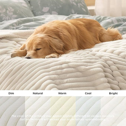 Bedsure Waterproof Dog Blankets for Large Dogs - Soft Pet Cat Blanket Corduroy Fleece for Bed Protector Washable, Cozy Calming Reversible Furniture Protection for Puppy,60"x80", Cream