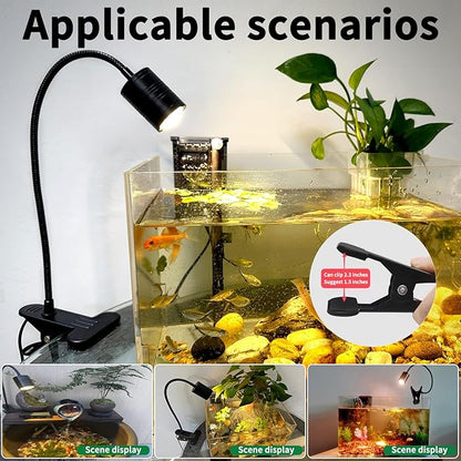 LED Aquarium Light, 4W Clip-on Fish Tank Lamp, 3 Colors, 17.8 Inch Flexible Arm, Full Spectrum for Plants and Coral