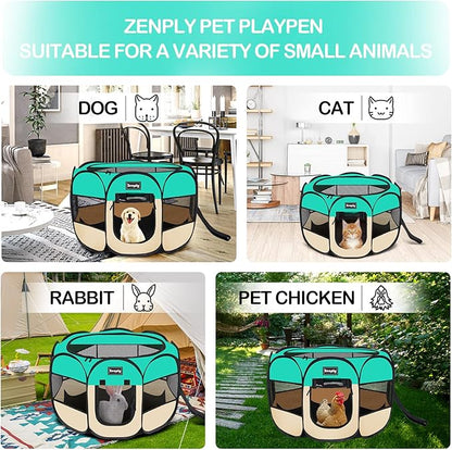 Portable Pet Dog Playpen, Pet Playpen Foldable Extra Heavy Duty Pop Up No Assembly Kennel Tent Crate Indoor Outdoor with Shade Ventilation Mesh for Small Dog, Kitten, Cat, Rabbit (Turquoise)