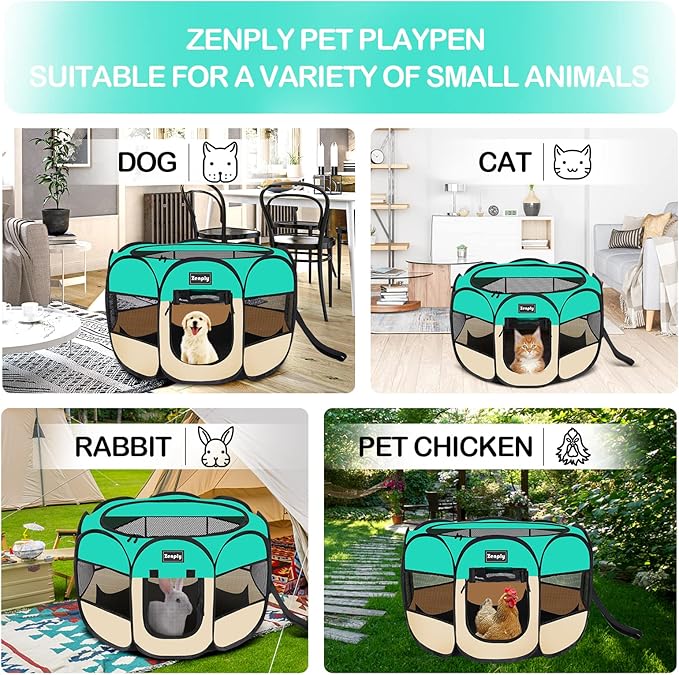 Portable Pet Dog Playpen, Pet Playpen Foldable Extra Heavy Duty Pop Up No Assembly Kennel Tent Crate Indoor Outdoor with Shade Ventilation Mesh for Small Dog, Kitten, Cat, Rabbit (Turquoise,M)
