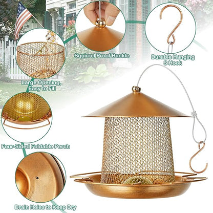 LBTING Bird Feeder for Outside, Metal Lantern-Shaped Bird Feeder, Squirrel Proof Wild Bird Feeders for Hanging Outdoor Garden Yard, Bright Gold