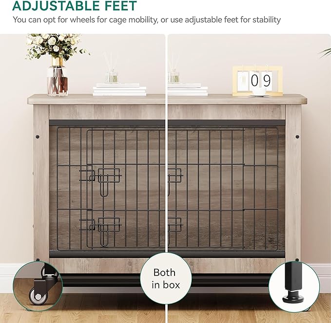 YITAHOME YITAHOME Dog Crate Furniture with Cushion, Dog Kennel Indoor with Wheels, Dog Crate End Table with Tray, 27" Dog Cage with Double Doors for Small Dog (Gray)