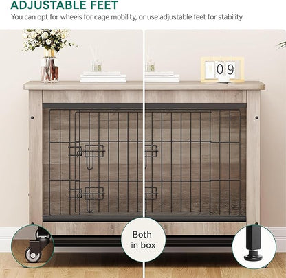 DWVO Dog Crate Furniture with Wheels, 27" Dog Kennel Indoor with Cushion, Dog Crate End Table with Tray, Dog Cage with Double Doors for Small Dog (Grey)