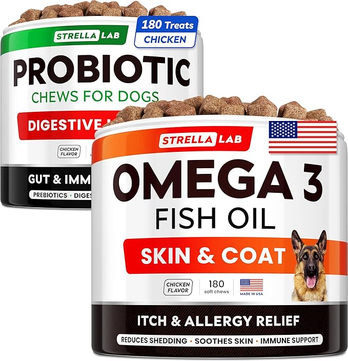 Dog Probiotics Treats for Picky Eaters Bundle + Fish Oil Omega 3 Treats for Dogs - Allergy Relief, Joint Health, Itch Relief. Skin & Coat Supplement + Enzymes + Prebiotics for Digestion Support
