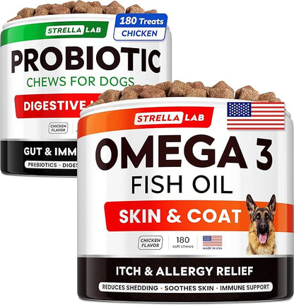Dog Probiotics Treats for Picky Eaters Bundle + Fish Oil Omega 3 Treats for Dogs - Allergy Relief, Joint Health, Itch Relief. Skin & Coat Supplement + Enzymes + Prebiotics for Digestion Support