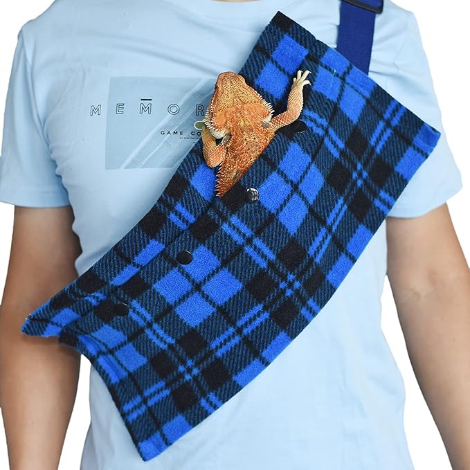LIKZINWA Small Animal Sling Carrier,Bearded Dragon Carrier Lizard Carrier and Reptile Carrier with Adjustable Strap (Blue-Square)+UV Sensor Card