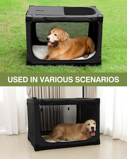 42-Inch Collapsible Travel Dog Crate, Portable 4-Door Soft Kennel for Medium to Large Dogs, Chew-Proof Mesh Windows, Indoor/Outdoor Use, Foldable, with Storage Bag (Black)