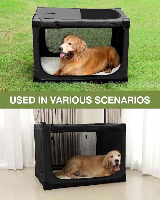 30-Inch Collapsible Travel Dog Crate, Portable 4-Door Soft Kennel for Medium to Large Dogs, Chew-Proof Mesh Windows, Indoor/Outdoor Use, Foldable, with Storage Bag (Black)