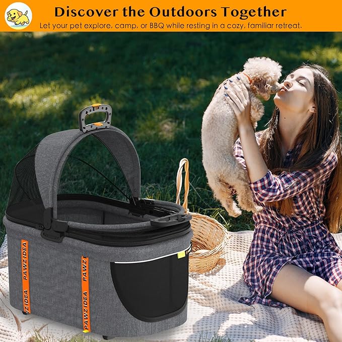 PAWZIDEA Portable Small Dog Crate for Car Travel, Enclosed Pet Car Seats for Small/Medium Dogs & Cats, Reversible No-Zip Canopy, Soft-Sided Pet Carrier Cage, Collapsible Travel Dog Kennel, Chew-Proof