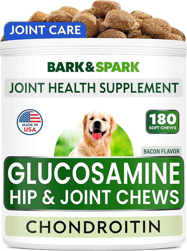 BARK&SPARK Glucosamine Chondroitin Dog Hip & Joint Supplement - Joint Pain Relief - Hip & Joint Chews - Joint Support Large Small Breed - Senior Doggie Vitamin Pill Joint Health (180 Treats - Bacon)