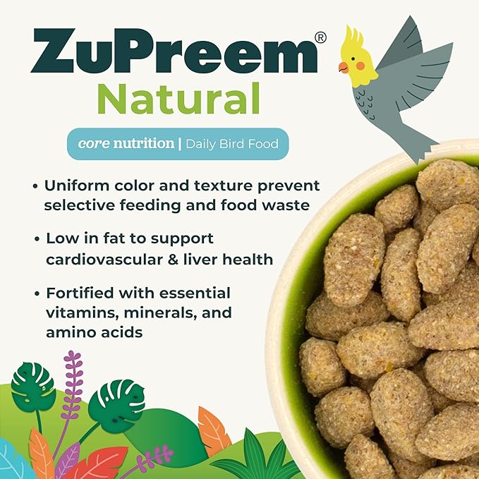 ZuPreem Natural Bird Food, Daily Bird Feed Pellets for Cockatiel, Lovebird, Quaker, Small Conure, Lorikeet, Core Nutrition, Added Vitamins, Made in USA, Cockatiel Food, (Medium, 10 lb Bag)