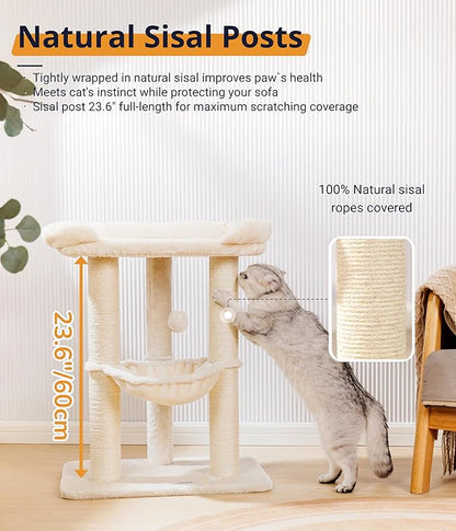 Happi N Pets 28" Large Cat Tree Tower for Indoor Cats, Cat Scratch Post with Large Bed for Maine Coon Big Cats, Sisal Cat Scratcher with Soft Perch & Hammock, Stable Cat Stand, Removable Cover-Beige