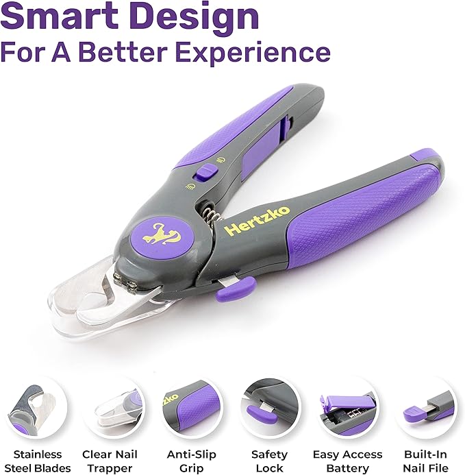 Hertzko Dog Nail Clippers with LED Light for Large & Medium Dogs - Violet Cat Nail Clipper with Replacement Blade & Nail File, Purple Nail Clippers for Dogs, Grooming Paw Pads, Circular Blade