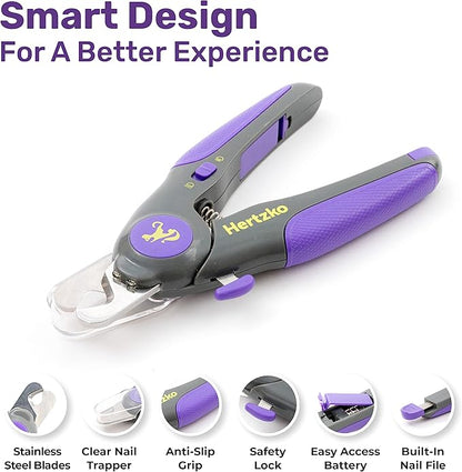 Hertzko Dog Nail Clippers with LED Light for Large & Medium Dogs - Violet Cat Nail Clipper with Replacement Blade & Nail File, Purple Nail Clippers for Dogs, Grooming Paw Pads, Circular Blade