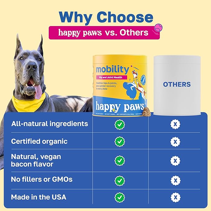Happy Paws Hip & Joint Supplement for Dogs, Glucosamine Chondroitin For Dogs Of All Breeds, Mobility Support Chews With Hyaluronic Acid & Turmeric, Vegan Bacon Flavor, Organic, Non GMO, 100 Soft Chews