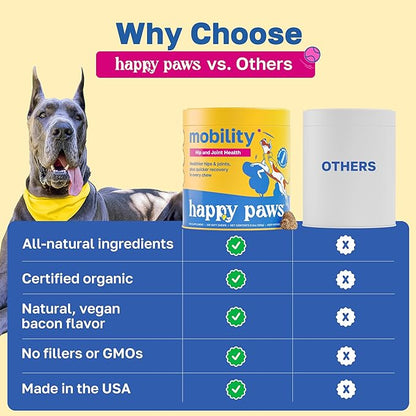 Happy Paws Hip & Joint Supplement for Dogs, Glucosamine Chondroitin For Dogs Of All Breeds, Mobility Support Chews With Hyaluronic Acid & Turmeric, Vegan Bacon Flavor, Organic, Non GMO, 100 Soft Chews