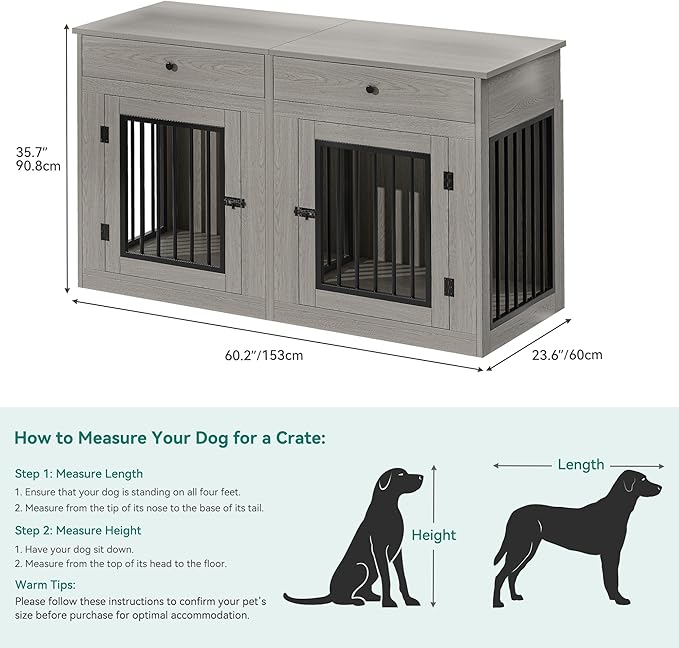 YITAHOME 60" Wooden Dog Crate Furniture with Removable Divider & Storage Drawers, Double Door Kennel with Locks for Medium and Large Dogs, Multi-Functional Dog Crate End Table for Indoor use, Grey