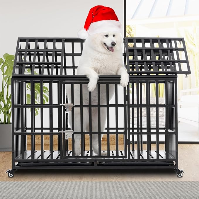 Heavy Duty Dog Crate, Escape Proof Dog Cage for Large Extra Large Dogs, 52 Inch, Dog Kennel Indoor with Lockable Wheels, Indestructible Dog Crates with Removable Trays, High Anxiety