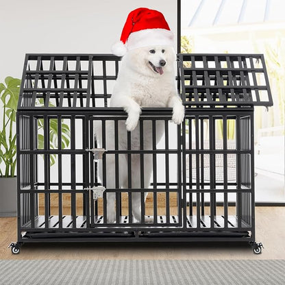 Heavy Duty Dog Crate, Escape Proof Dog Cage for Large Extra Large Dogs, 52 Inch, Dog Kennel Indoor with Lockable Wheels, Indestructible Dog Crates with Removable Trays, High Anxiety