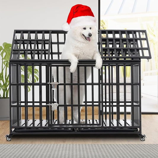 Heavy Duty Dog Crate, Escape Proof Dog Cage for Large Extra Large Dogs, 52 Inch, Dog Kennel Indoor with Lockable Wheels, Indestructible Dog Crates with Removable Trays, High Anxiety