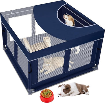Dog Kitten Playpen with Play Pen Cover for Cat Indoor, 42x42 x25.5 Puppy Playpen for Small Pet with See-Through Topper Proof Enclosed Door Dog Pen, Sturdy Warm Protable Playpen Pen for Cat