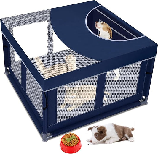 Dog Kitten Playpen with Play Pen Cover for Cat Indoor, 42x42 x25.5 Puppy Playpen for Small Pet with See-Through Topper Proof Enclosed Door Dog Pen, Sturdy Warm Protable Playpen Pen for Cat