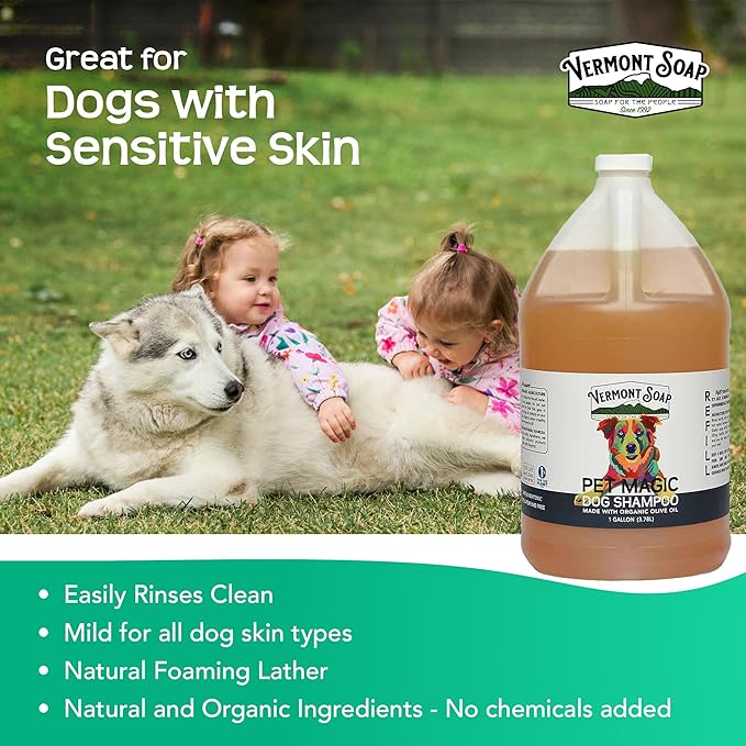 Vermont Soap Organics Pet Shampoo - Organic & Natural Olive Oil, Coconut & Aloe Vera Dog Shampoo for Sensitive Skin - USDA Certified Grooming Pet Shampoo - Gallon