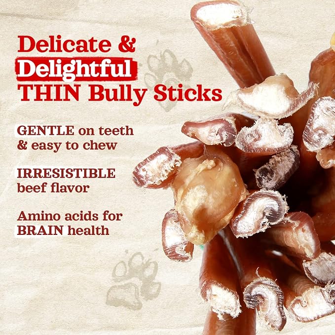 Natural Farm Odor-Free Thin Bully Sticks (6, 25-Pack) All-Natural Long-Lasting Dog Chews, 100% Beef Pizzle, Grass-Fed, Grain-Free, Protein for Muscle Development & Energy, Perfect for Medium Chewers