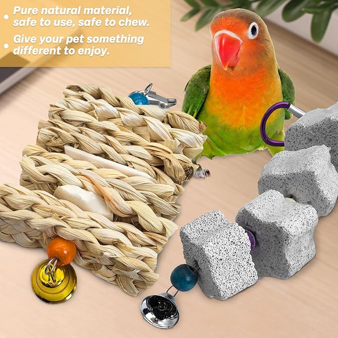 PINVNBY 2 Pack Parrot Toys Chewing Bird Toy Cuttlebone Beak Grinding Stone Cage Hanging Toys with Bell for African Greys Amazon Conure Eclectus Budgies Parakeet Cockatiel Hamster Chinchilla