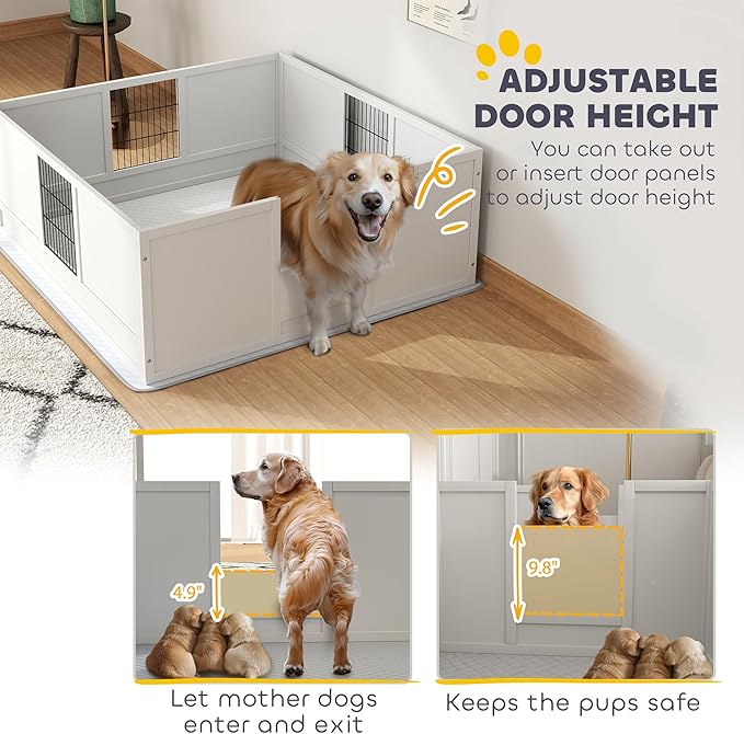 PawHut Whelping Box for Dogs and Puppies, Dog Whelping Box with Waterproof Pee Pad, Adjustable Height Door, for Large Dogs Indoor Use, 49" x 47" x 19"