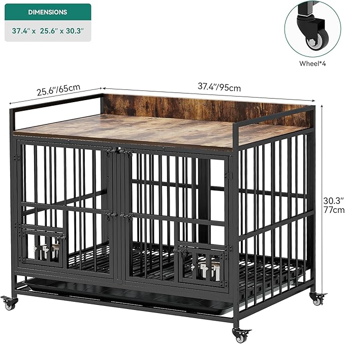YITAHOME 37.5'' Heavy Duty Dog Crate with Removable Divider, Double Doors & Locks Design, Furniture Style Large Dog Crate with 360° Rotatable Dog Bowls & 360° Wheels & 2 Trays for Small/Medium Dog