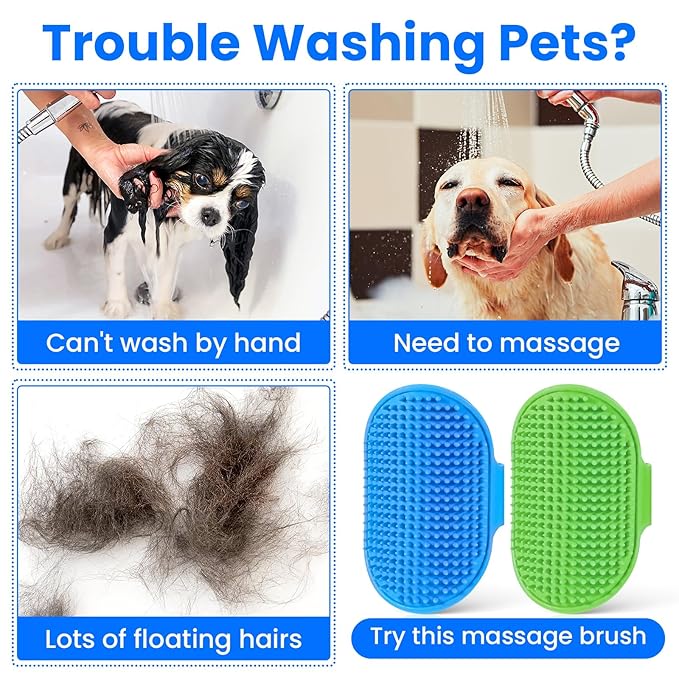 2Pcs Dog Bath Brush Scrubber, Rubber Pet Shampoo Curry Brush/Dog Massage Comb with Adjustable Ring Handle, Dog Shower Brush Puppy Brushes for Long Short Hair Dogs Cats Grooming Supplies