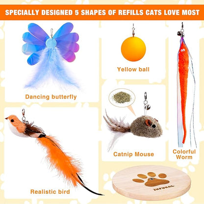 JXFUKAL Interactive cat Toy, Automatic Cat Wand Toy with Stable Wooden Base, 2 PCS Detachable Cat Teaser, 5PCS Refills Replacement & Hanging Elastic String, Kitty Kitten Toys Feather Spring Bird Toy