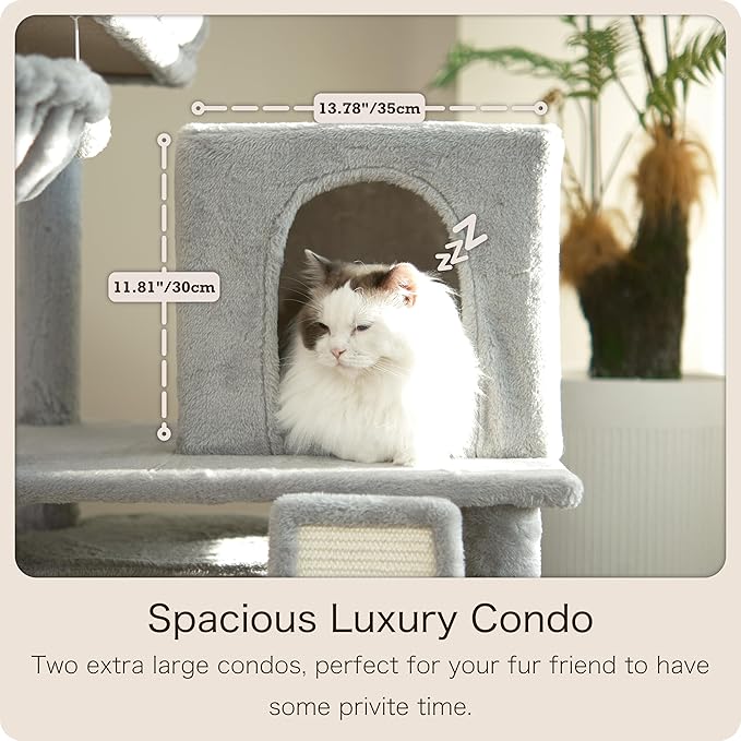 Ouritsu Cat Tree, 35 inch Cat Tower for Large Cat Indoor, 1 Widened Top Perch, 2 Enlarged Condos, Fluffy Basket, Scratching Posts and Ramp, Light Gray, MF001GA