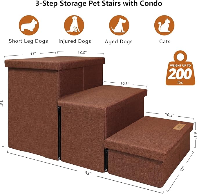 Dog Stairs with Storage 17.5" H, 3-Step Wider Dog Steps for Small/Medium/Large Dogs Cats, Folding Sturdy Pet Stairs Climbing Bed or Sofa, Dog Ramp for Car Hold Up to 200 lbs (Brown, No Condo)