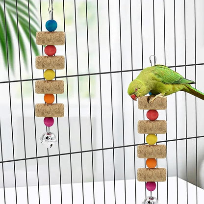 4Pcs Bird Chewing Toy, Parrot Cork Gnawing Skewers With Bell, Hanging Colorful Wooden Bead Cockatiels Beak Trimming for Birdcage (Four Packs-Bell Parrot Toy)