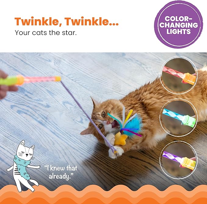 Catstages Twinkle Star Light Up Cat Wand Toy with LED Color-Changing Lights, Feathers & Ribbon Plush Star Attachment, Interactive Flirt Pole for Indoor Cats & Kittens