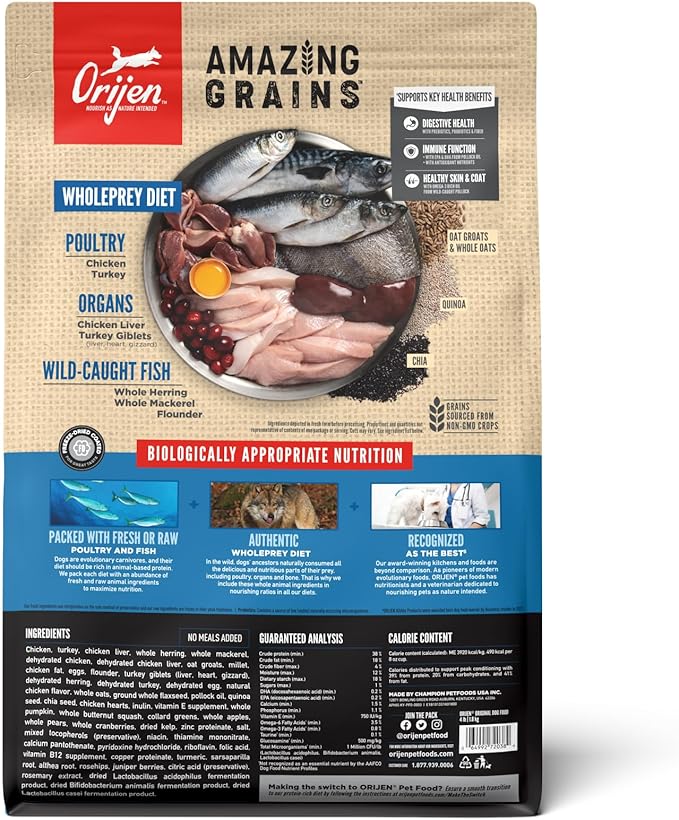 ORIJEN Amazing Grains Original Dry Dog Food, High Protein Dog Food, Fresh or Raw Ingredients