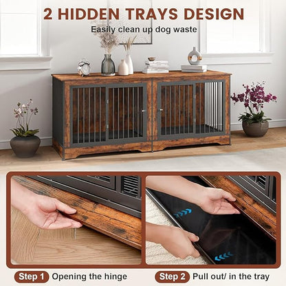75 Inch Double Dog Crate Furniture, 3 in 1 Dog Cage for Large Dogs, Durable Brown TV Stand Dog Crate with Trays and Divider, Double Dog Kennel for 2 Dogs